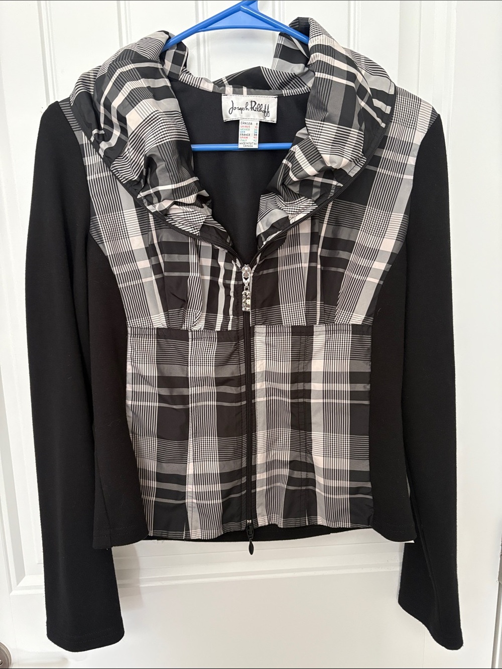 Joseph Ribkoff Plaid Ruffle Collar Zip Jacket Blazer Black White Size 8